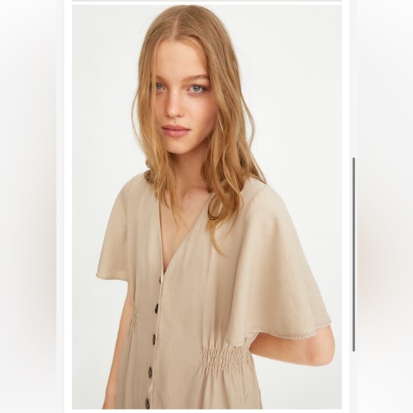 Zara Button Down Flutter Sleeves Midi Dress Medium Tan - Picture 2 of 7